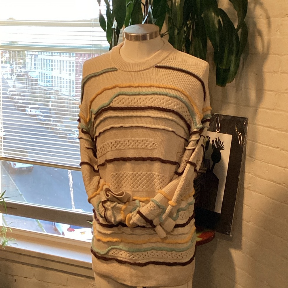 Zara Cream and Brown Striped Crewneck Sweater